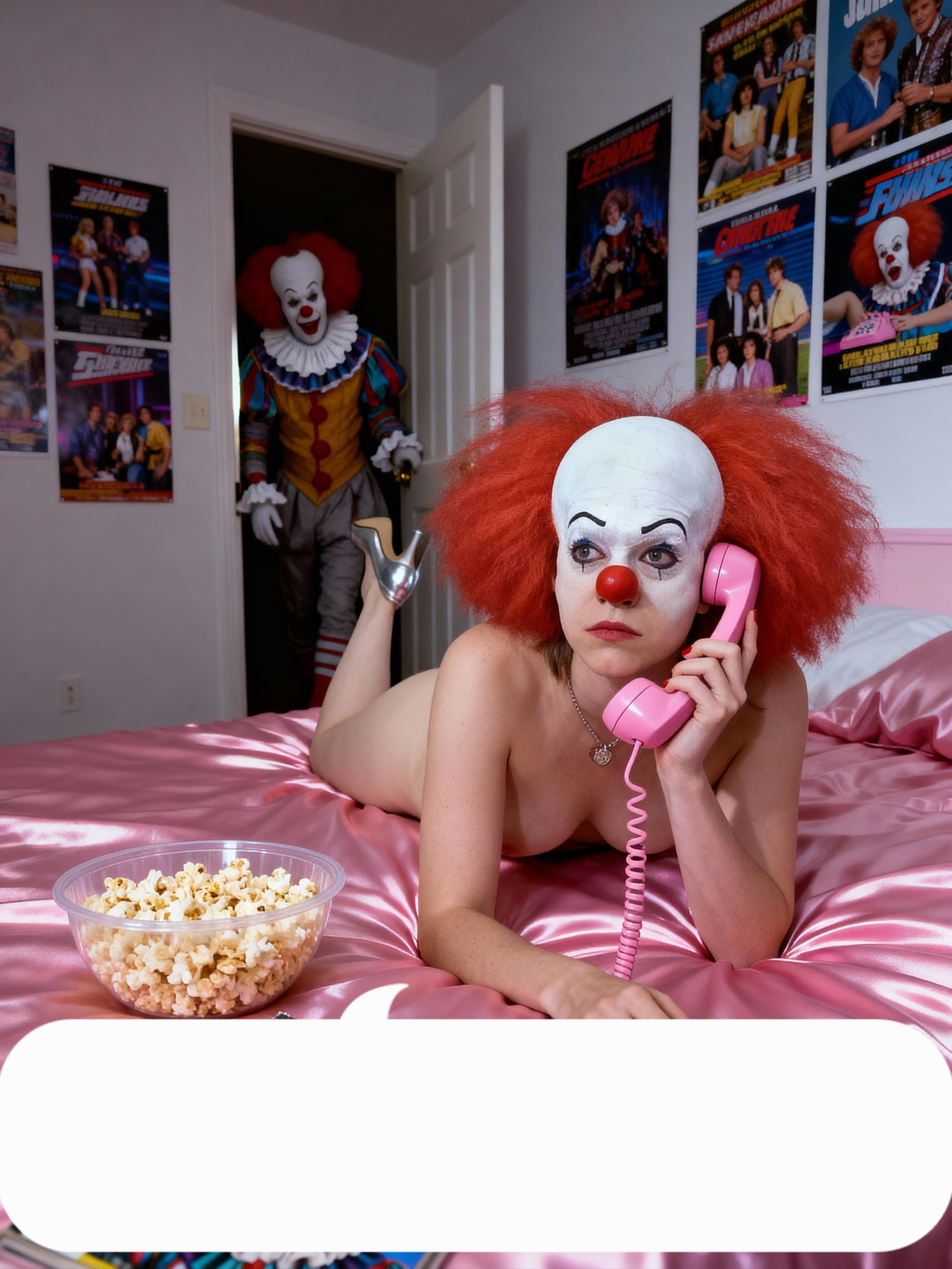 Das Bild zeigt eine Person, die sich auf einem rosa Samtkissenbett in einem Zimmer befindet. Sie trägt eine Clownsmaske mit roten Haaren und einen roten Nase, und hält ein rosa Telefon ans Ohr. Neben ihr auf dem Bett steht eine Schüssel mit Popcorn. Im Hintergrund ist eine weitere Person in einem Clownskostüm zu sehen, die durch eine offene Tür in das Zimmer hineinblickt. Die Wände sind mit Filmpostern verziert, die verschiedene Clowns zeigen. Die Atmosphäre des Bildes ist ein wenig unheimlich und spielt mit dem Kontrast zwischen der lebhaften Farbgebung und der düsteren Kulisse.