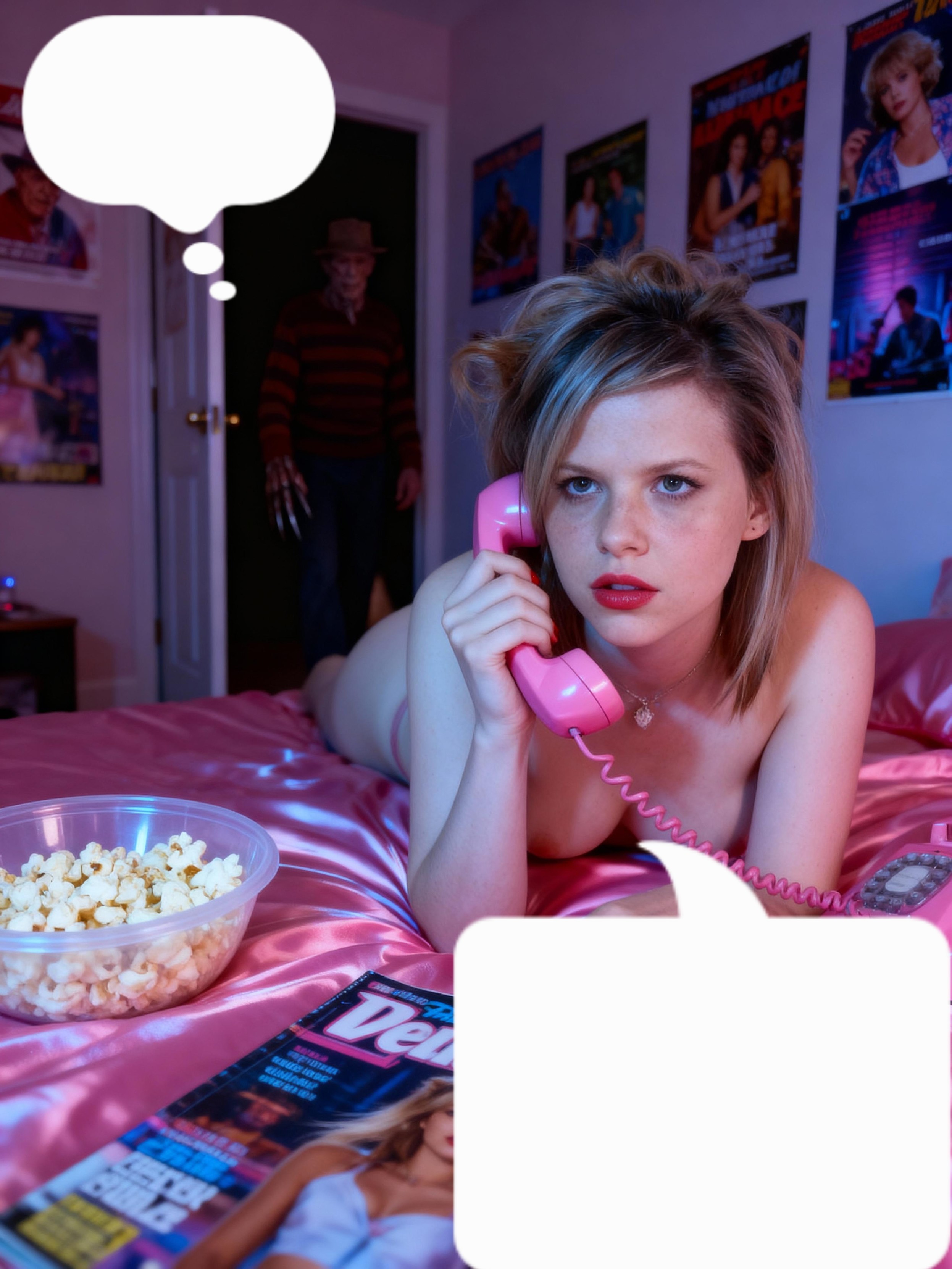 Das Bild zeigt eine junge Frau, die auf einem rosa Bett mit sattem Glanz liegt und ein rosafarbenes Telefon ans Ohr hält. Sie trägt keinen Oberteil und hat ihre Haare zu zwei Knoten hochgesteckt. Vor ihr auf dem Bett befindet sich eine Schüssel mit Popcorn und eine Zeitschrift mit dem Titel "Vogue". Im Hintergrund ist ein Mann mit einem rot-braun gestreiften Pullover und einem Hut zu sehen, der durch eine Tür in den Raum schaut. Die Wand hinter ihr ist mit verschiedenen Filmplakaten verziert, darunter ein bekanntes Horrorfilmplakat. Die Atmosphäre des Bildes ist durch die Farbgebung und die Gegenstände im Raum geprägt, die eine gemütliche, aber auch etwas unheimliche Stimmung erzeugen.