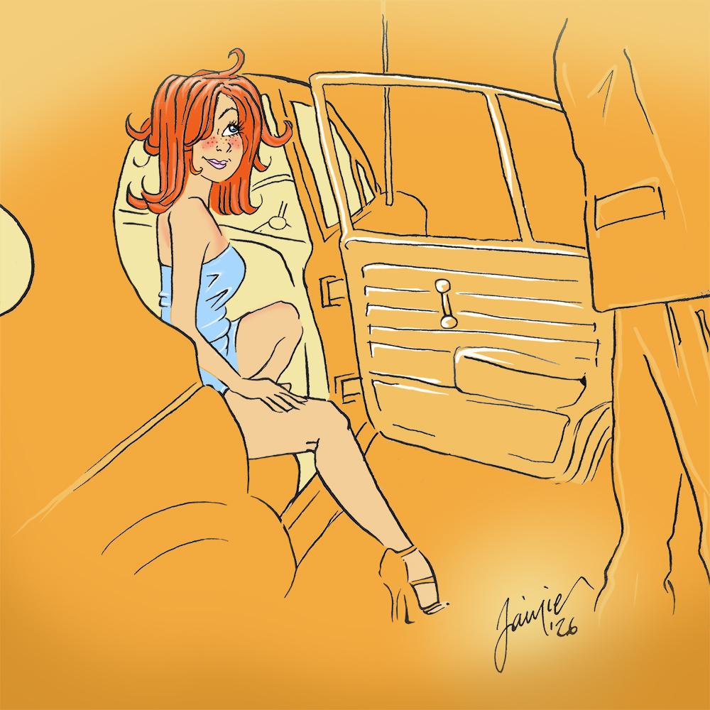 Yellow toned pen and ink illustration, digitally coloured, of a beautiful young woman stepping out of a vintage car. She is dressed in a short baby-blue dress that clings to her curves. She has shoulder length red hair and is looking upwards with a knowing smile at the figure of a suited male who is opening the car door for her.